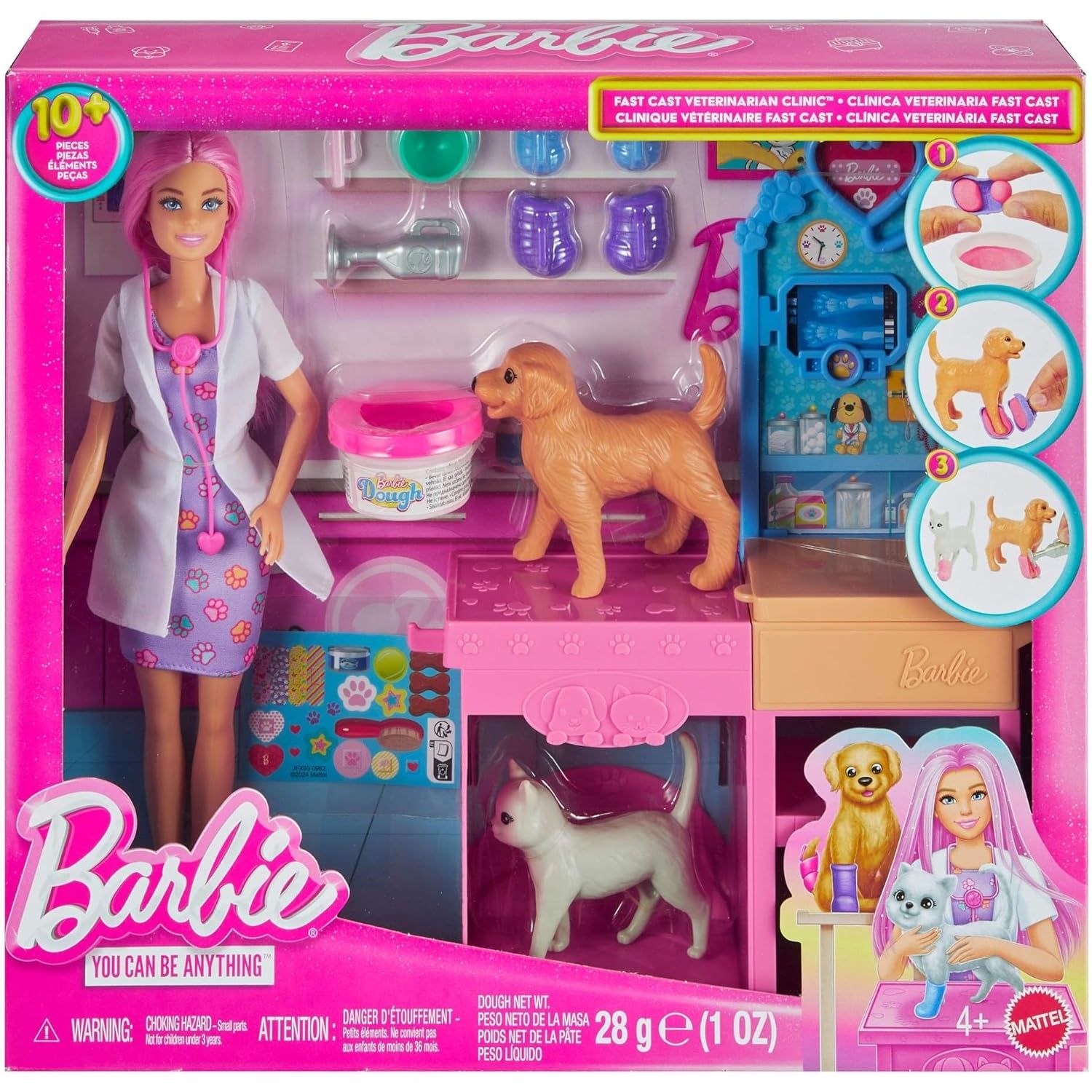 Barbie Coffret La Clinique vétérinaire de Barbie avec poupée aux cheveux roses mobilier de cabinet vétérinaire et plus de 10 accessoires JFX93