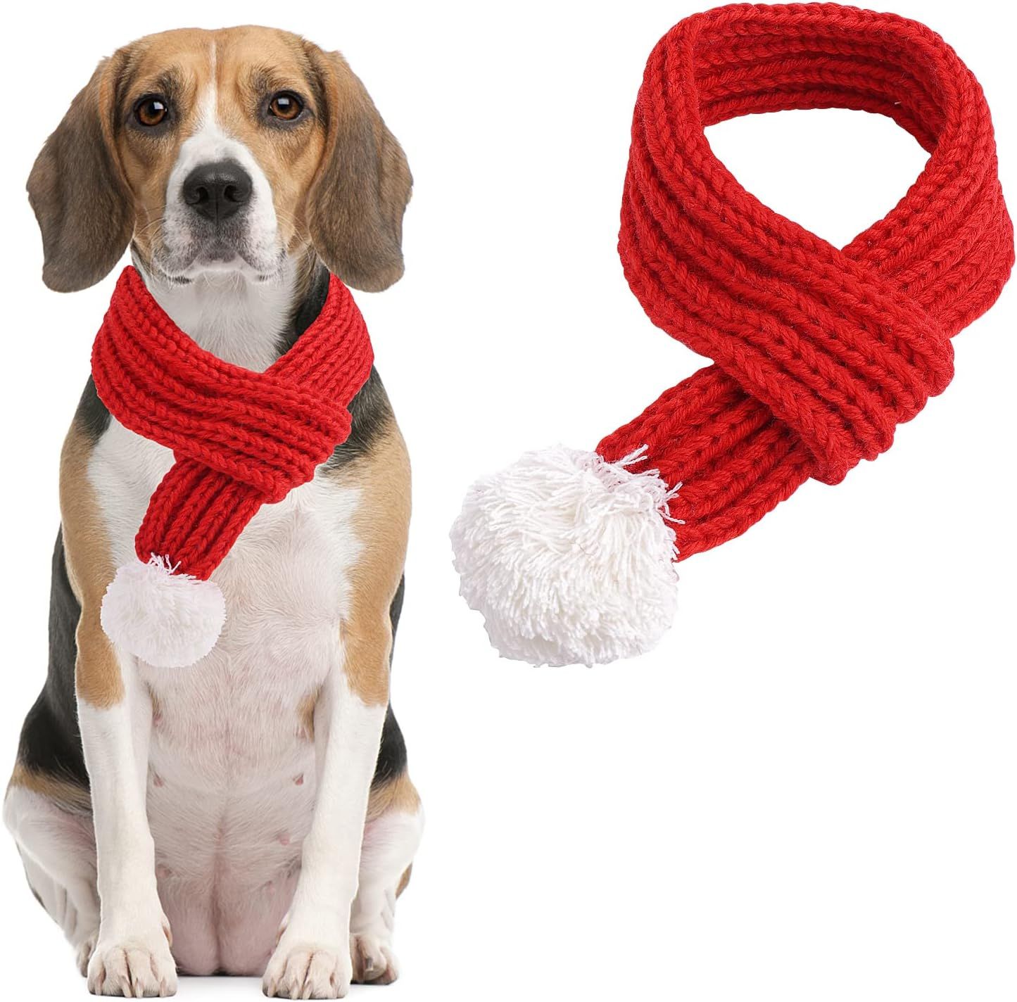 Écharpe De Noël Pour Animal De Compagnie-M, Rouges Tricotée D'hiver Pour Chien De Collier D'hiver Avec Pansement À Pompon Blanc Pour La Décoration De Noël Party Animaux Dreee Jusqu'à Costume
