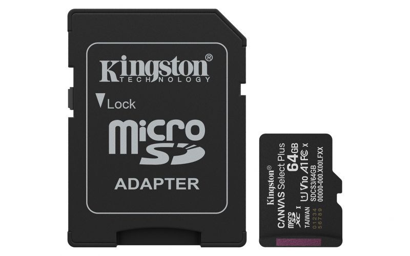 Kingston Technology 64GB microSDXC Canvas Select Plus Gen3 100MB/s A1 (Adaptateur SD inclus)
