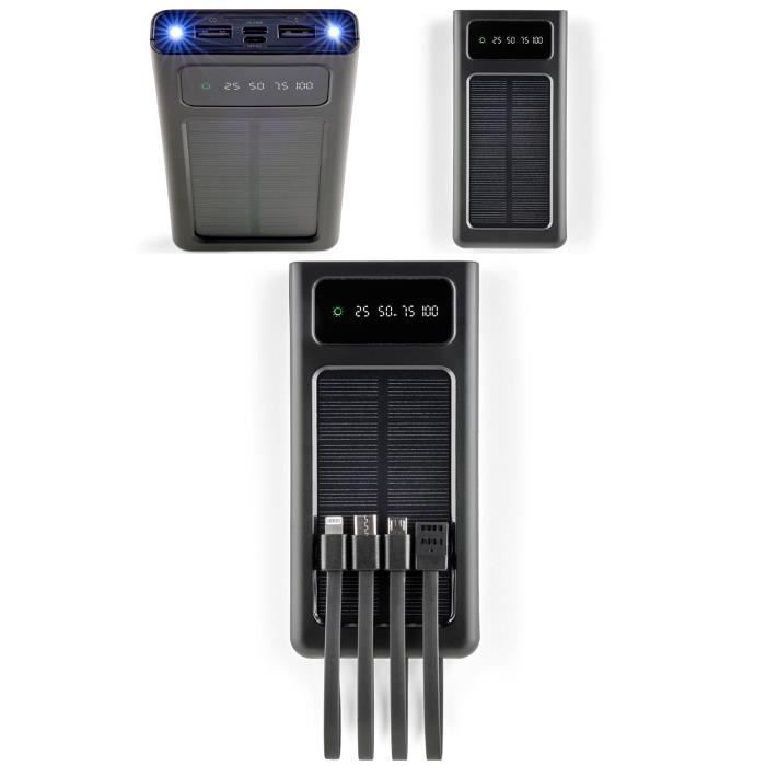 Batterie Solaire Smartphone Externe 10 000 Mah Panneau Solaire Intégré Entrée 5.5 V/1.43 W Type-C, Micro-Usb, Lightning Torche 2 Led