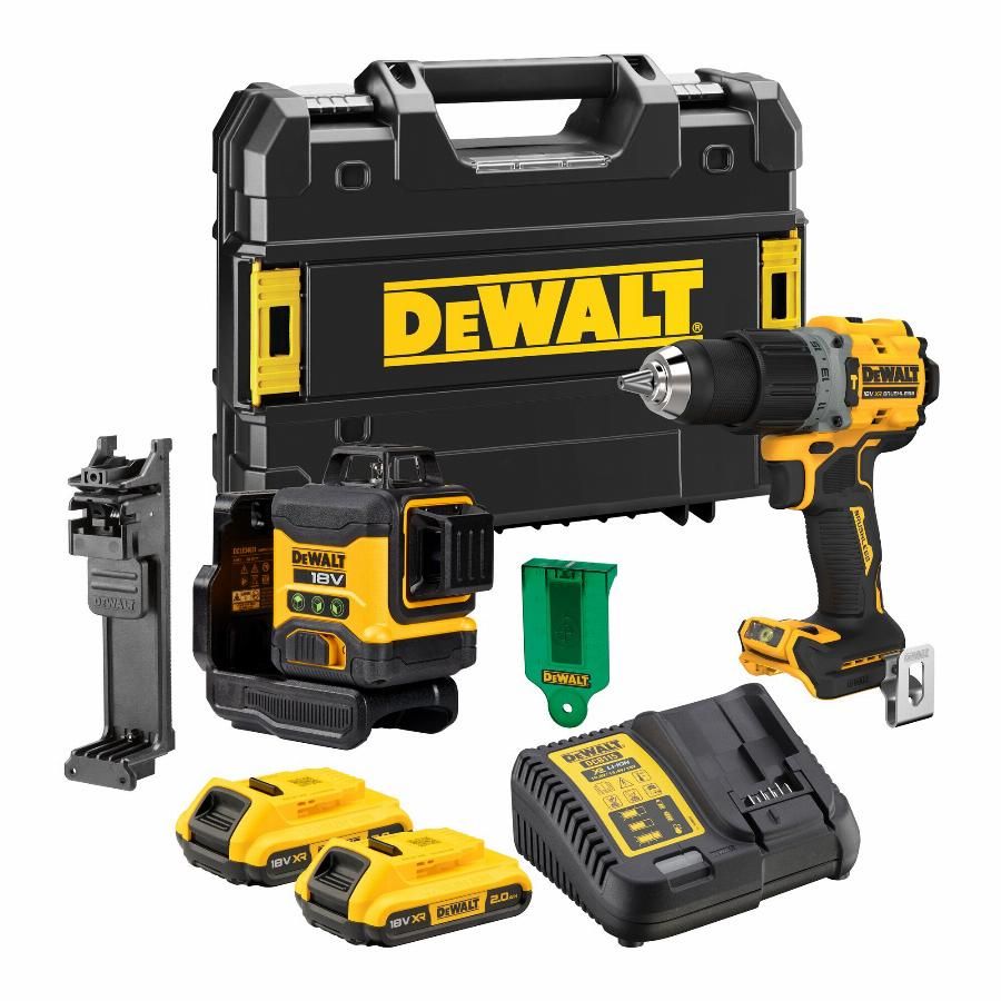 Kit 2 outils DEWALT Laser multilignes 3x360° DCLE34031 + Perceuse DCD805 DCK2095D2T QW