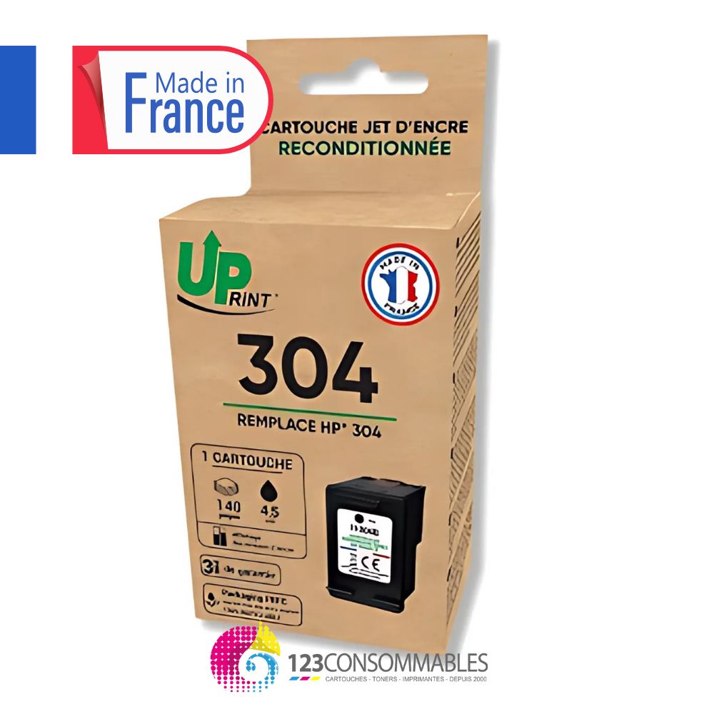UPRINT Cartouche d'encre remanufacturée HP 304 noire ¿ Remplace N9K06AE ¿ Fabriquée en France