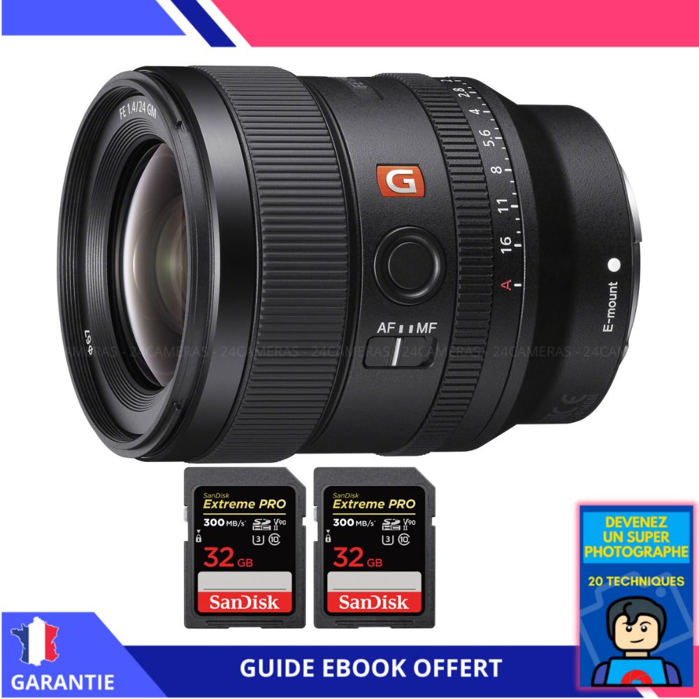 Sony FE 24mm f1.4 GM + 2 SanDisk UHS II 300 MB/ + Ebook 'Devenez Un Super Photographe' Objectif Sony FE pour Sony Hybride
