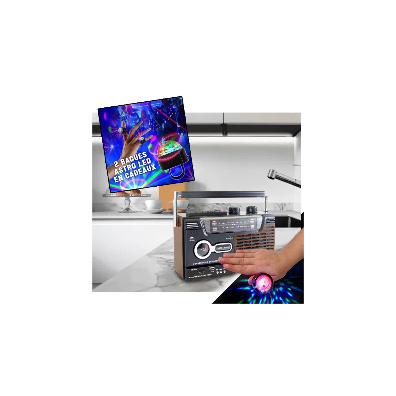 Radio cassette USB look Rétro Inovalley RK10N Radio FMAMSW Enregistreur K7 audio 1 x Lumières Bagues LED EN CADEAUX