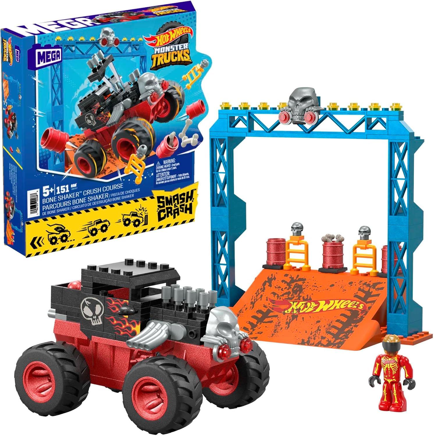 Mega Hot Wheels Coffret De Construction De 151 Pièces Hot Wheels Parcours Bone Shaker Chocs Et Fracas,1 Rampe,Des Obstacles Et 1 Mini-Figurine De Conducteur,Jouet Enfant,Dès 5 Ans,Hkf87
