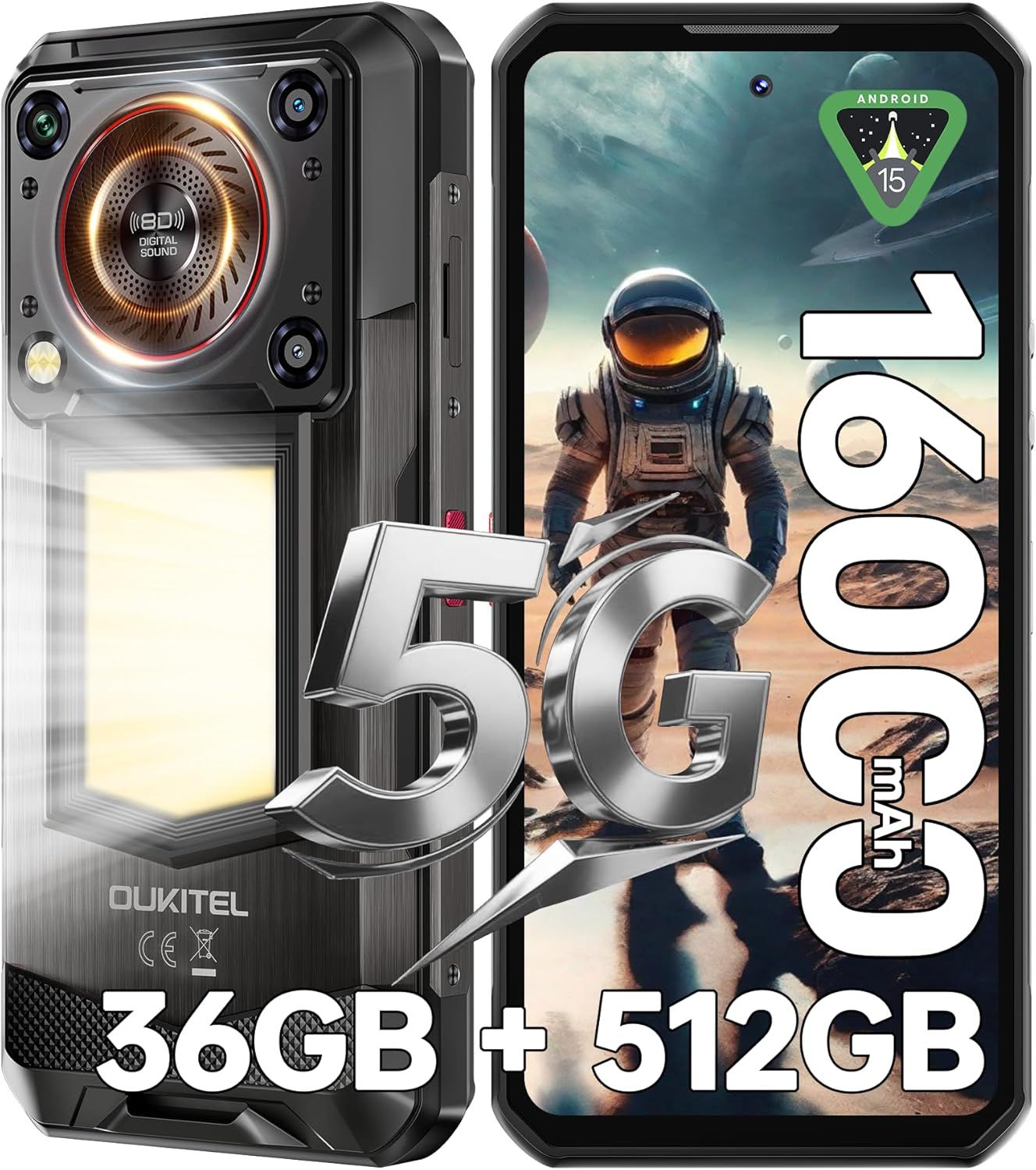 Telephone Portable Incassable 5G OUKITEL WP56 36GO RAM+ ROM 6.8 FHD+ 120Hz 16000mAh Camping 1000LM NFCOTGDual SIM