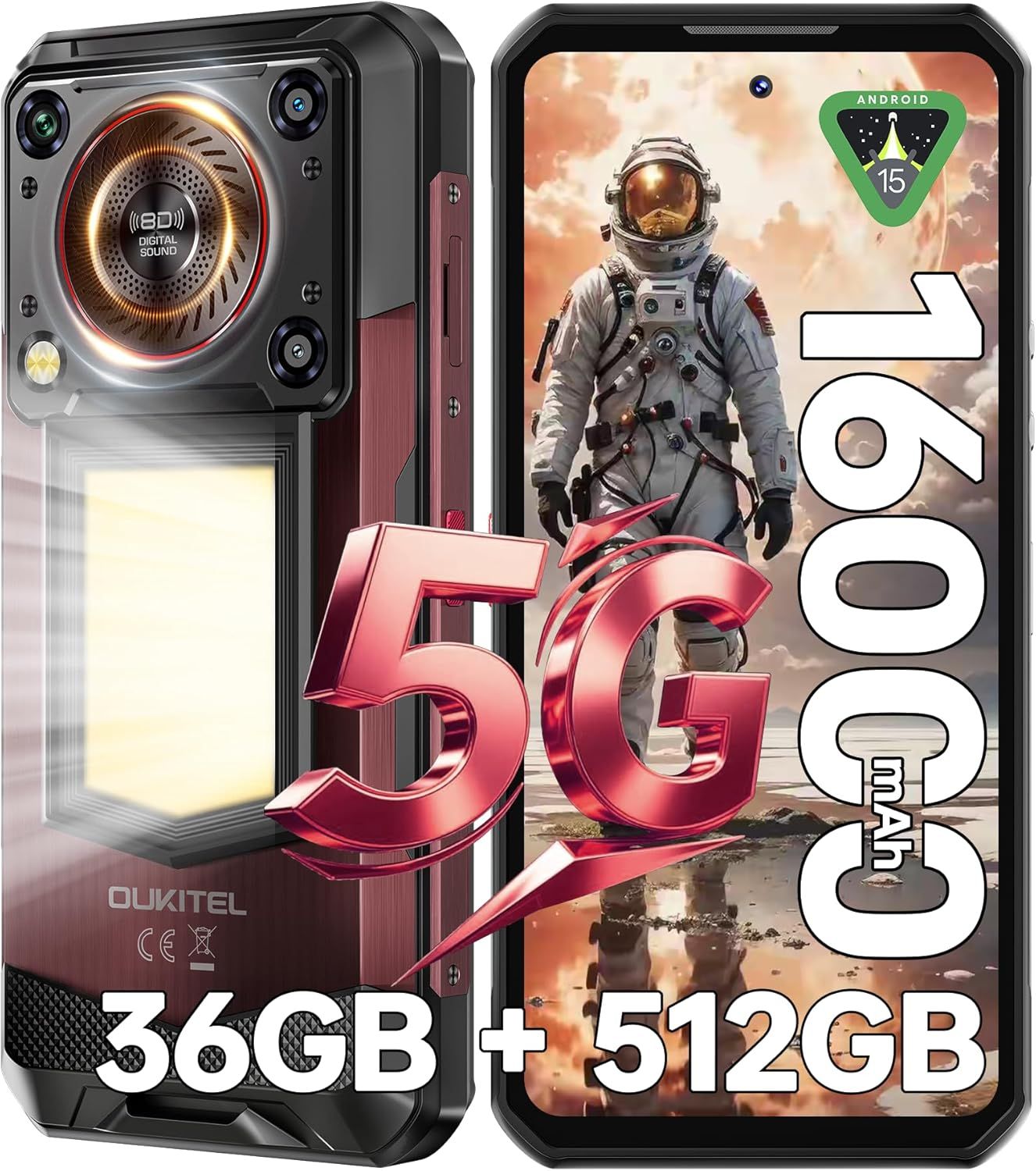 Telephone Portable Incassable 5G OUKITEL WP56 36GO RAM+ ROM 6.8 FHD+ 120Hz 16000mAh Camping 1000LM NFCOTGDual SIM - vue 2