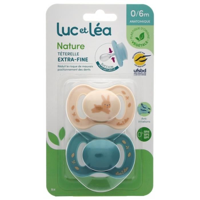 - Luc Et Léa Nature 2 Sucettes Anatomiques Téterelle Extra-Fine 0-6 Mois - Modèle : Beige Lapin Et Bleu