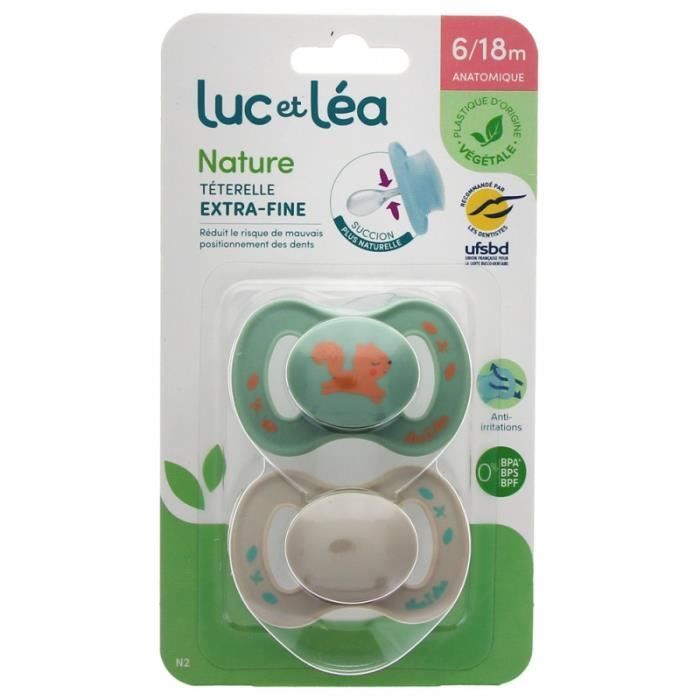 - Luc Et Léa Nature 2 Sucettes Anatomiques Téterelle Extra-Fine 6-18 Mois - Modèle : Vert Écureuil Et Taupe