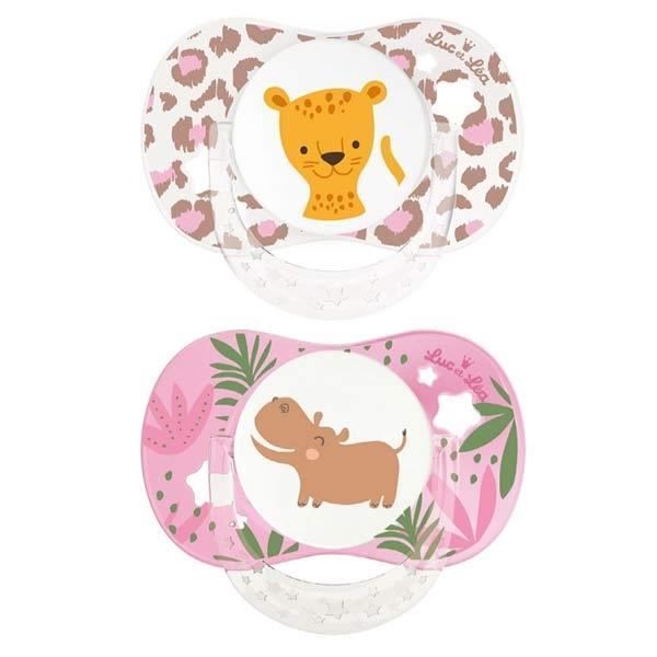  - Luc Et Léa Sucette Anatomique +6m Léopard Hippopotame Rose Lot De 2