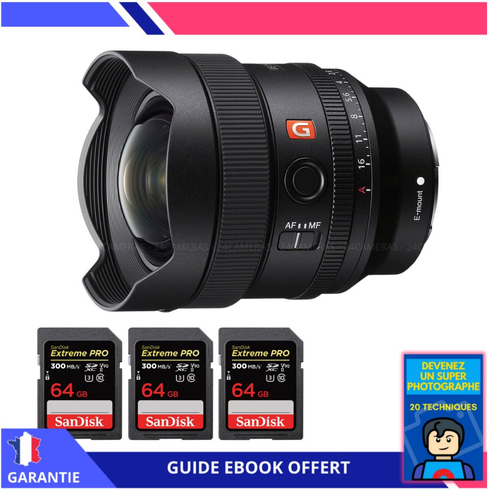 Sony FE 14mm f1.8 GM + 3 SanDisk UHS II 300 MB/ + Ebook 'Devenez Un Super Photographe' Objectif Sony FE pour Sony Hybride