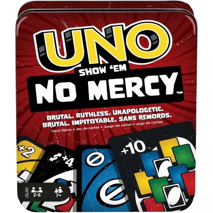 Mattel Games UNO No Mercy Jeu de cartes dans sa boîte de transport et de voyage pour des soirées jeux en famille avec des règles spéciales et des pénalités plus sévères HXT57 - vue 7
