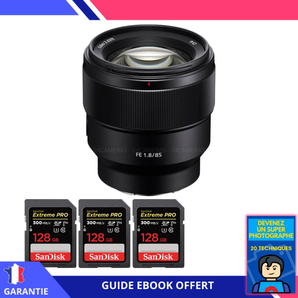 Sony FE 85mm f1.8 + 3 SanDisk Extreme PRO UHS II SDXC 300 MB/ + Ebook 'Devenez Un Super Photographe' Objectif Sony FE pour Sony Hybride