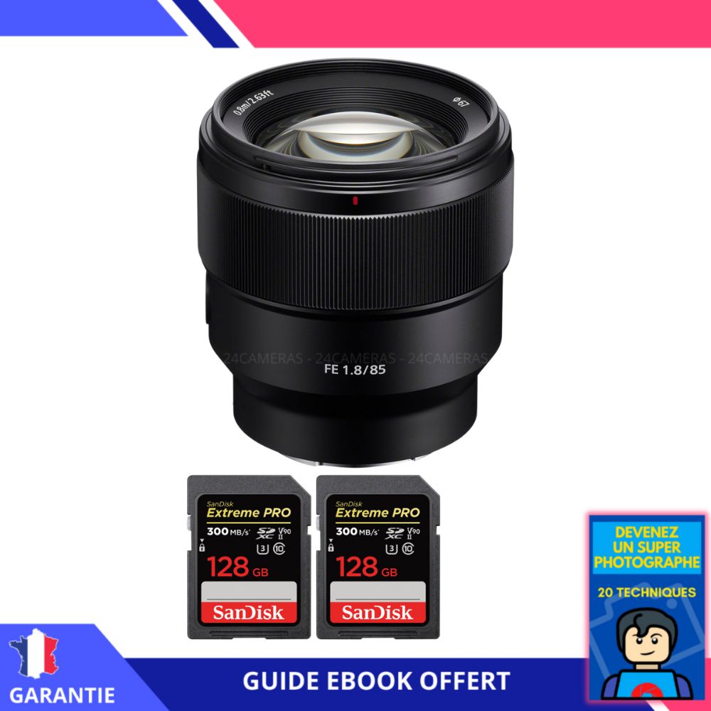 Sony FE 85mm f1.8 + 2 SanDisk Extreme PRO UHS II SDXC 300 MB/ + Ebook 'Devenez Un Super Photographe' Objectif Sony FE pour Sony Hybride
