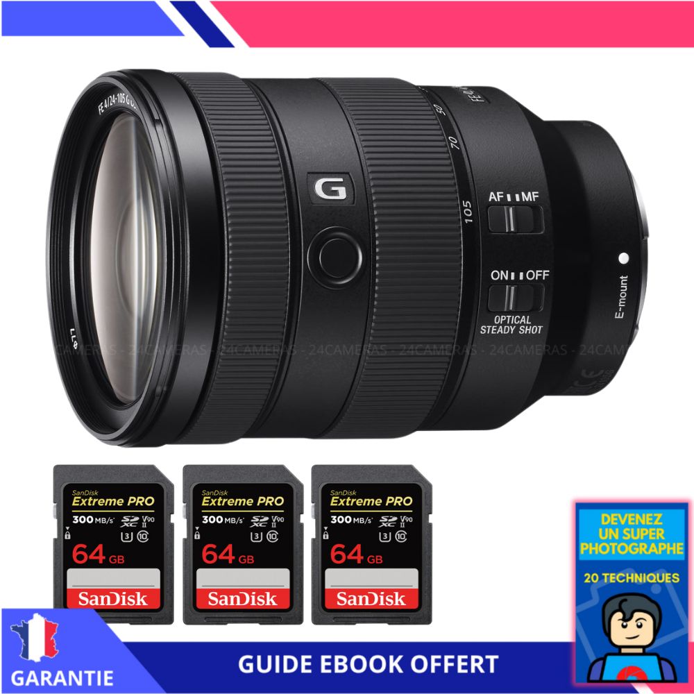 Sony FE 24 105mm f4 G OSS + 3 SanDisk Extreme PRO UHS II SDXC 300 MB/ + Ebook 'Devenez Un Super Photographe' Objectif Sony FE pour Sony Hybride