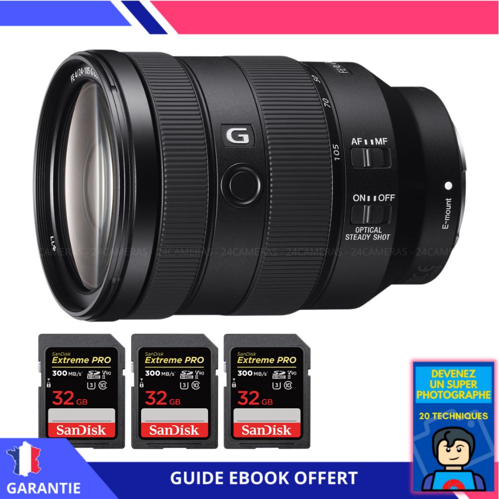 Sony FE 24 105mm f4 G OSS + 3 SanDisk Extreme PRO UHS II SDXC 300 MB/ + Ebook 'Devenez Un Super Photographe' Objectif Sony FE pour Sony Hybride - vue 2
