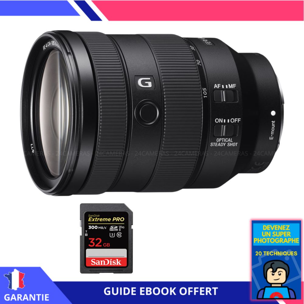 Sony FE 24 105mm f4 G OSS + 1 SanDisk Extreme PRO UHS II SDXC 300 MB/ + Ebook 'Devenez Un Super Photographe' Objectif Sony FE pour Sony Hybride