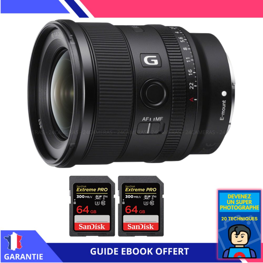 Sony FE 20mm f1.8 G + 2 SanDisk Extreme PRO UHS II SDXC 300 MB/ + Ebook 'Devenez Un Super Photographe' Objectif Sony FE pour Sony Hybride