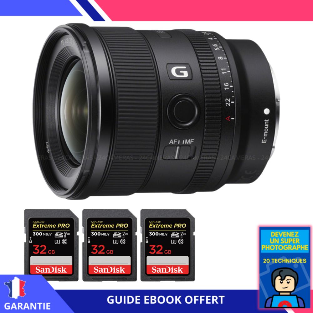 Sony FE 20mm f1.8 G + 3 SanDisk Extreme PRO UHS II SDXC 300 MB/ + Ebook 'Devenez Un Super Photographe' Objectif Sony FE pour Sony Hybride