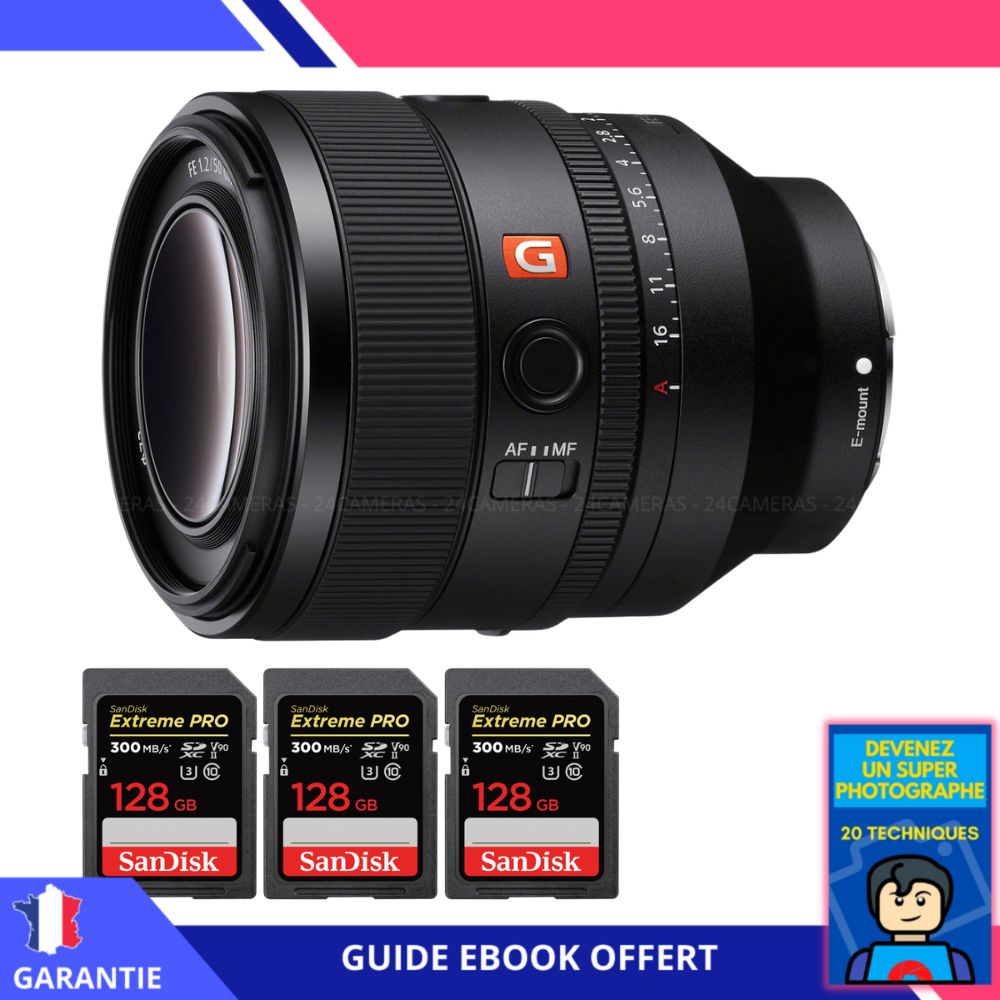 Sony FE 50mm f1.2 GM + 3 SanDisk Extreme PRO UHS II SDXC 300 MB/ + Ebook 'Devenez Un Super Photographe' Objectif Sony FE pour Sony Hybride
