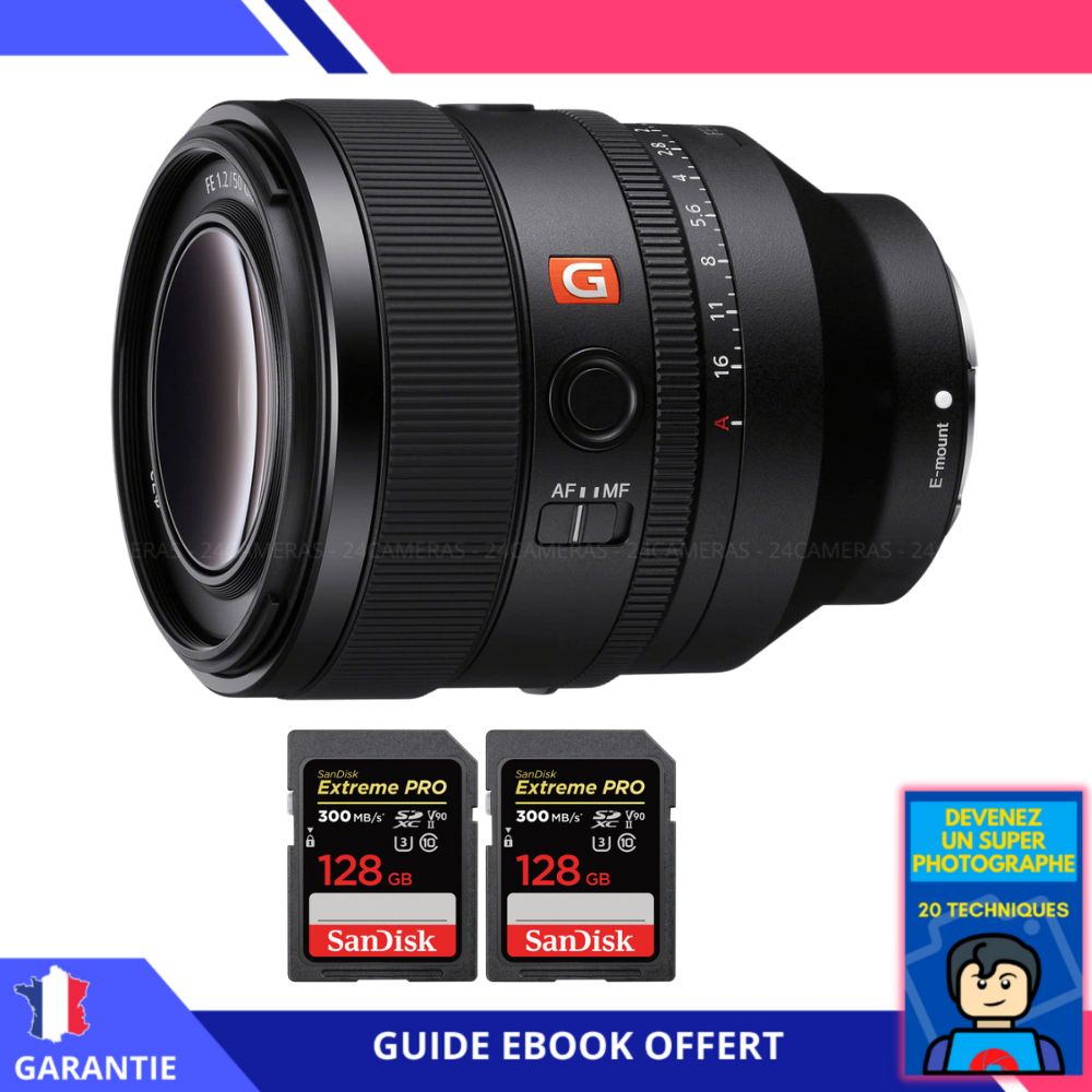 Sony FE 50mm f1.2 GM + 2 SanDisk Extreme PRO UHS II SDXC 300 MB/ + Ebook 'Devenez Un Super Photographe' Objectif Sony FE pour Sony Hybride