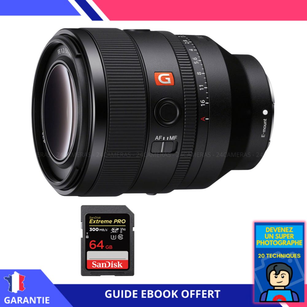 Sony FE 50mm f1.2 GM + 1 SanDisk Extreme PRO UHS II SDXC 300 MB/ + Ebook 'Devenez Un Super Photographe' Objectif Sony FE pour Sony Hybride