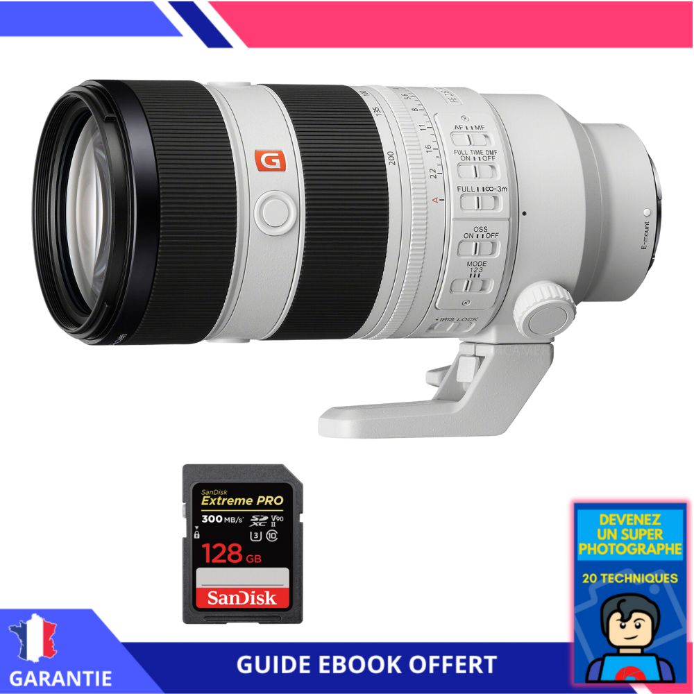 Sony FE 70 200mm F2.8 GM OSS II + 1 SanDisk Extreme PRO UHS II SDXC 300 MB/ + Ebook 'Devenez Un Super Photographe' Objectif Sony FE pour Sony Hybride