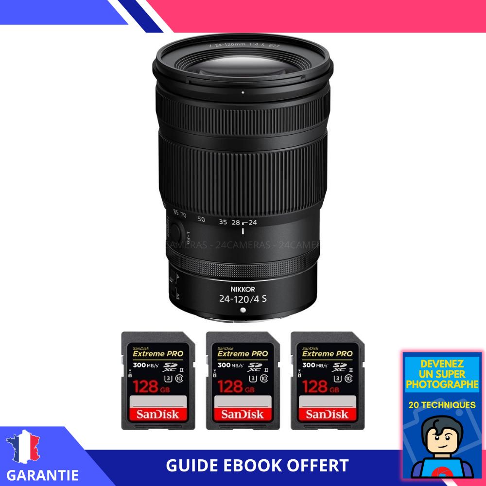 Nikon Z 24 120mm F4 + 3 SanDisk Extreme PRO UHS II SDXC 300 MB/ + Ebook 'Devenez Un Super Photographe' Objectif Nikon Z pour Nikon Hybride