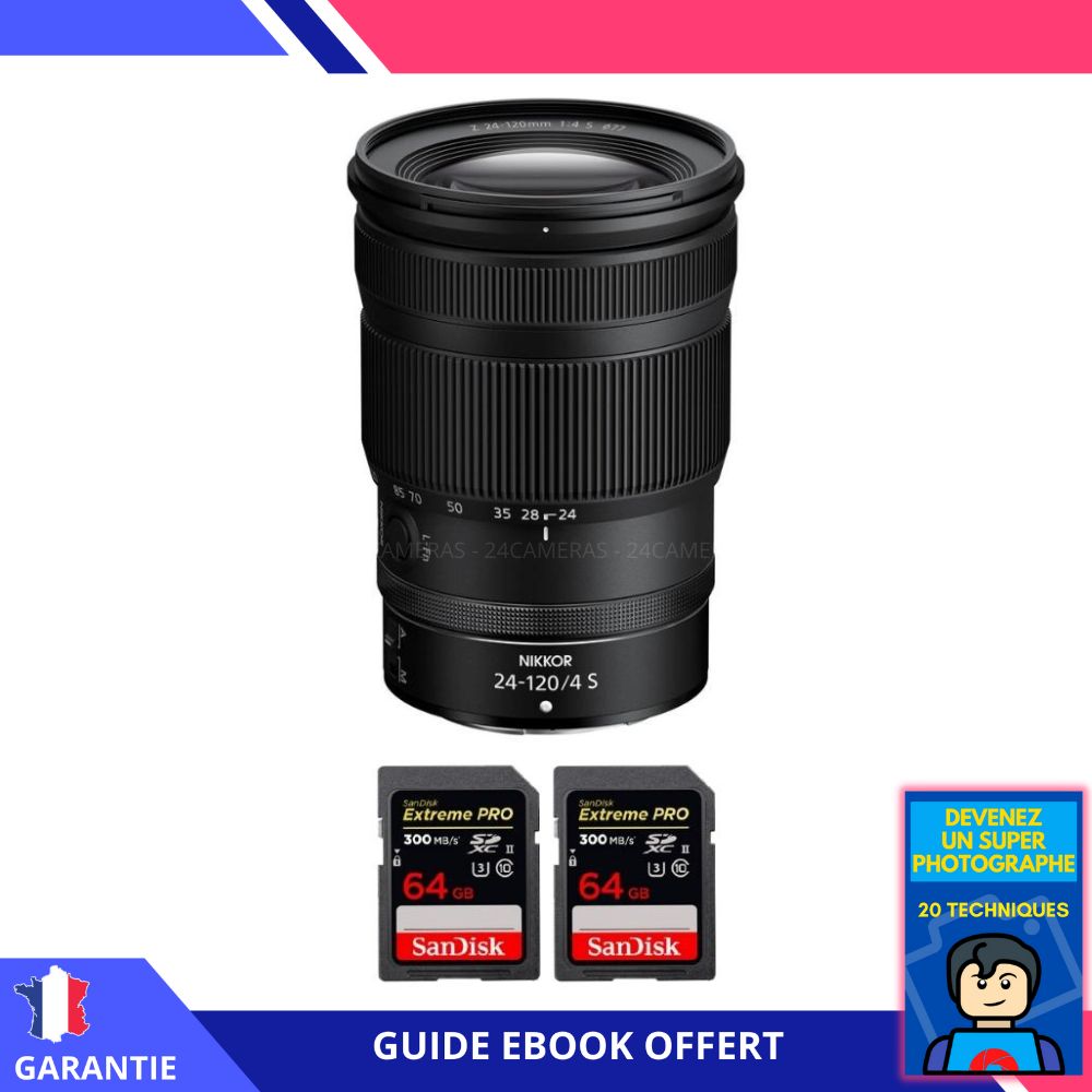 Nikon Z 24 120mm F4 + 2 SanDisk Extreme PRO UHS II SDXC 300 MB/ + Ebook 'Devenez Un Super Photographe' Objectif Nikon Z pour Nikon Hybride