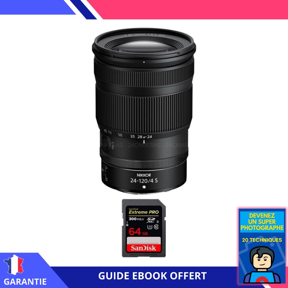 Nikon Z 24 120mm F4 + 1 SanDisk Extreme PRO UHS II SDXC 300 MB/ + Ebook 'Devenez Un Super Photographe' Objectif Nikon Z pour Nikon Hybride