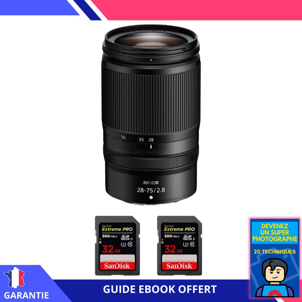 Nikon Z 28 75mm F2.8 + 2 SanDisk Extreme PRO UHS II SDXC 300 MB/ + Ebook 'Devenez Un Super Photographe' Objectif Nikon Z pour Nikon Hybride