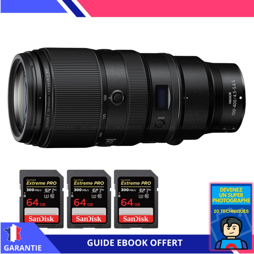 Nikon Z 100 400mm F4.5 5.6 VR + 3 SanDisk Extreme PRO UHS II SDXC 300 MB/ + Ebook 'Devenez Un Super Photographe' Objectif Nikon Z pour Nikon Hybride