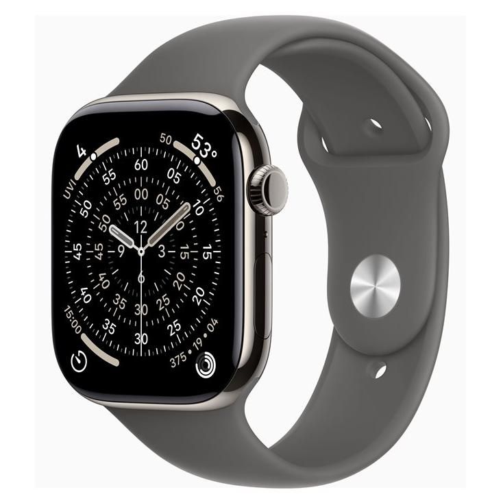 Apple Watch Series 11 (GPS + Cellular) - 46 mm - titanium naturel - Montre connectée avec bracelet sport - fluoroélastomère - gris acier - taille du bracelet : M/L - 64 Go - LTE, Wi-Fi 4, UWB...