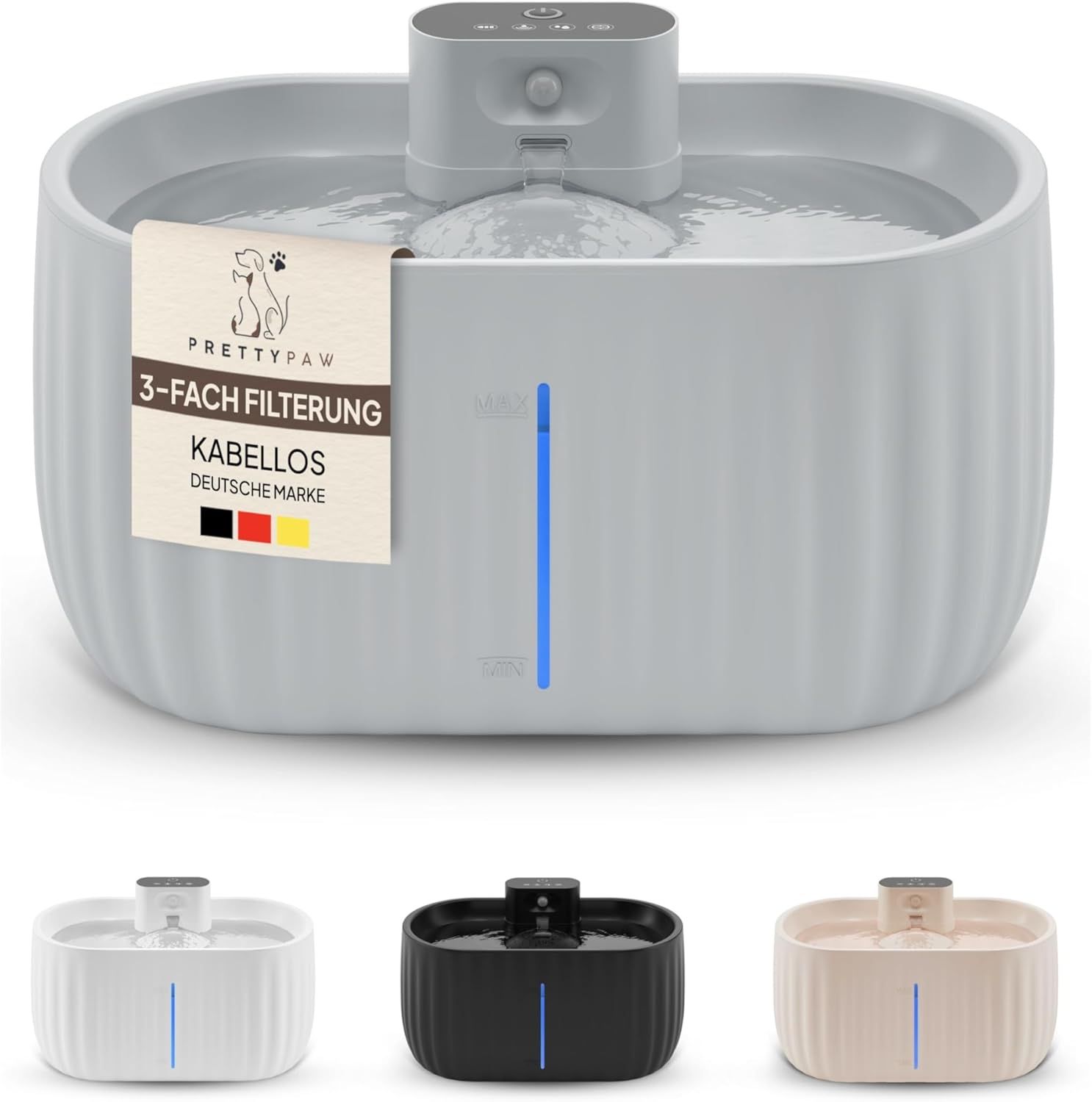 Comparer les prix de Pretty Paw Fontaine À Eau Sans Fil Pour Chats Avec Détecteur De Mouvement - Batterie De Longue Durée, Capacité De 3l, Filtre Intégré Et Facilité De Nettoyage - Aqua Sense (Gris)