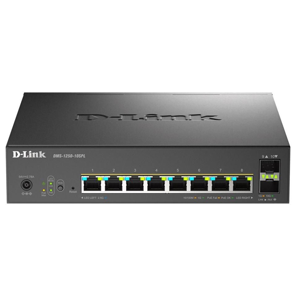 D Link DMS 1250 10SPL Commutateur C2+ intelligent 2 x 1010010002.5G PoE++ + 6 x 1010010002.5G PoE+ + 2 x 10 Gigabit SFP+ de bureau PoE++