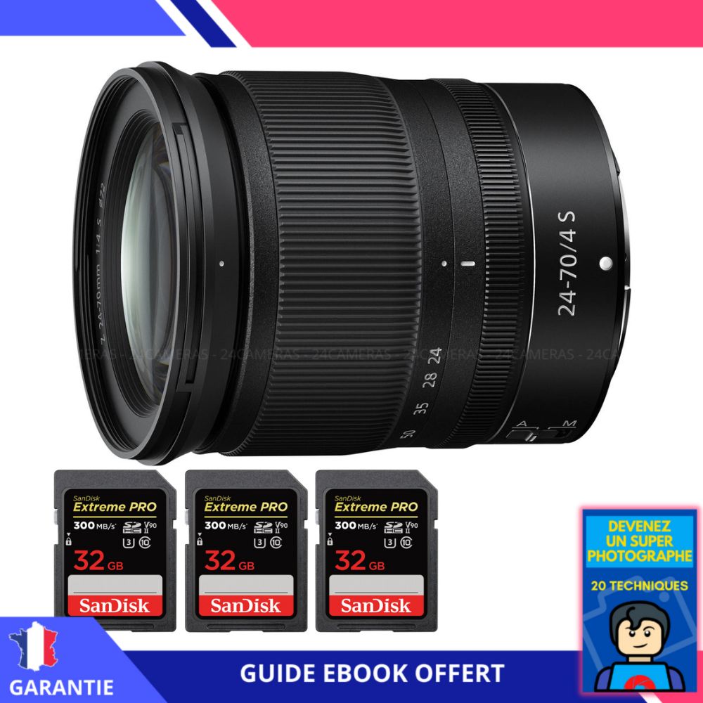 Nikon Z 24 70mm f4 + 3 SanDisk UHS II 300 MB/ + Ebook 'Devenez Un Super Photographe' Objectif Nikon Z pour Nikon Hybride