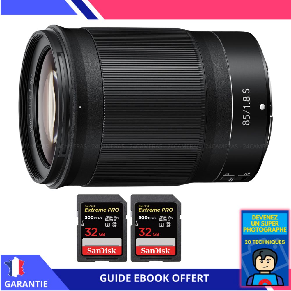 Nikon Z 85mm f1.8 + 2 SanDisk UHS II 300 MB/ + Ebook 'Devenez Un Super Photographe' Objectif Nikon Z pour Nikon Hybride