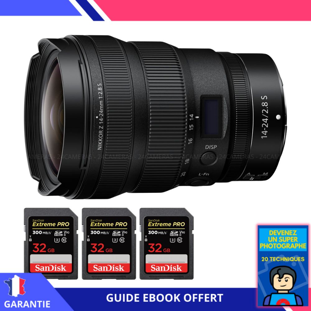 Nikon Z 14 24mm f2.8 + 3 SanDisk UHS II 300 MB/ + Ebook 'Devenez Un Super Photographe' Objectif Nikon Z pour Nikon Hybride