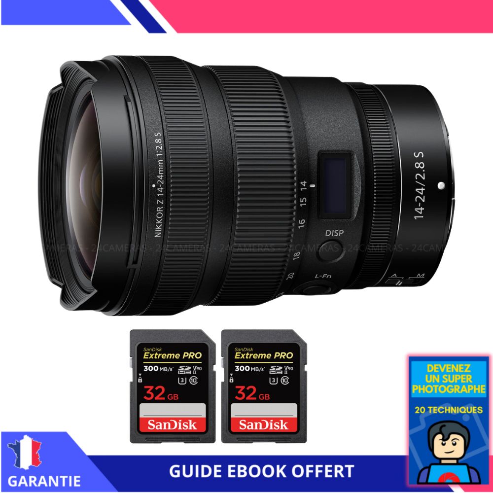 Nikon Z 14 24mm f2.8 + 2 SanDisk UHS II 300 MB/ + Ebook 'Devenez Un Super Photographe' Objectif Nikon Z pour Nikon Hybride