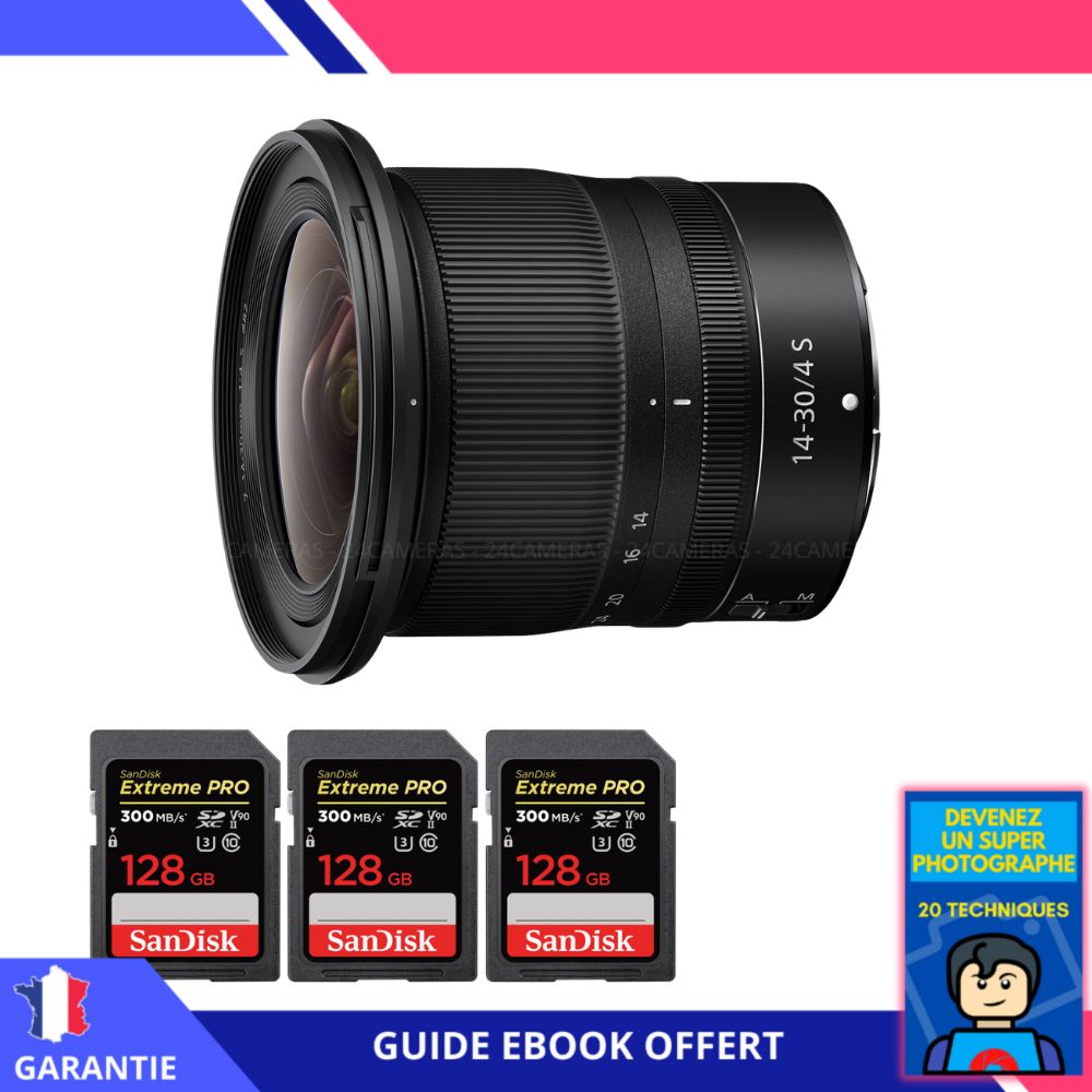 Nikon Z 14 30mm f4 + 3 SanDisk UHS II 300 MB/ + Ebook 'Devenez Un Super Photographe' Objectif Nikon Z pour Nikon Hybride
