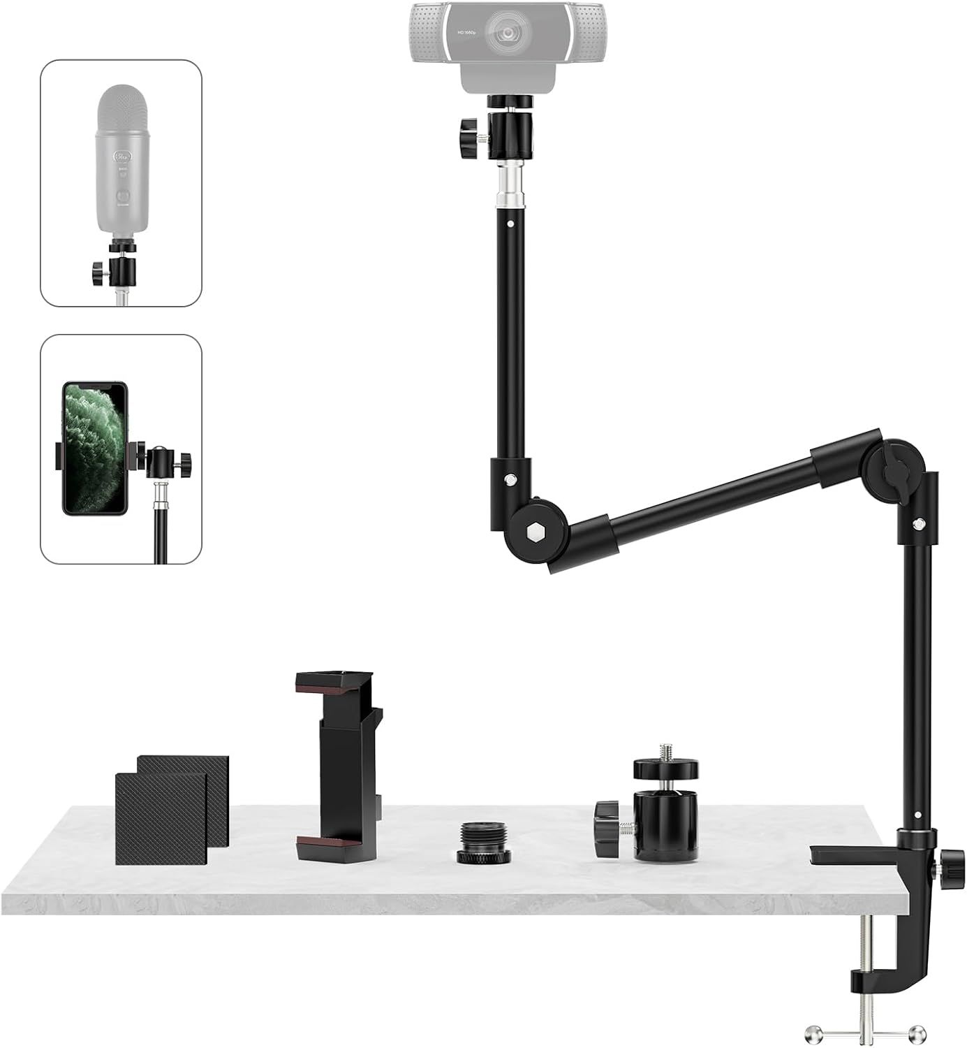 Support Webcam avec Support Téléphone & Vis 58¿ 22 Support Videoprojecteur Flexible Pied Micro de Bureau Col de Cygne pour Logitech C922 C615 Brio 4K GoPro Hero Yeti Snowball Ice etc.
