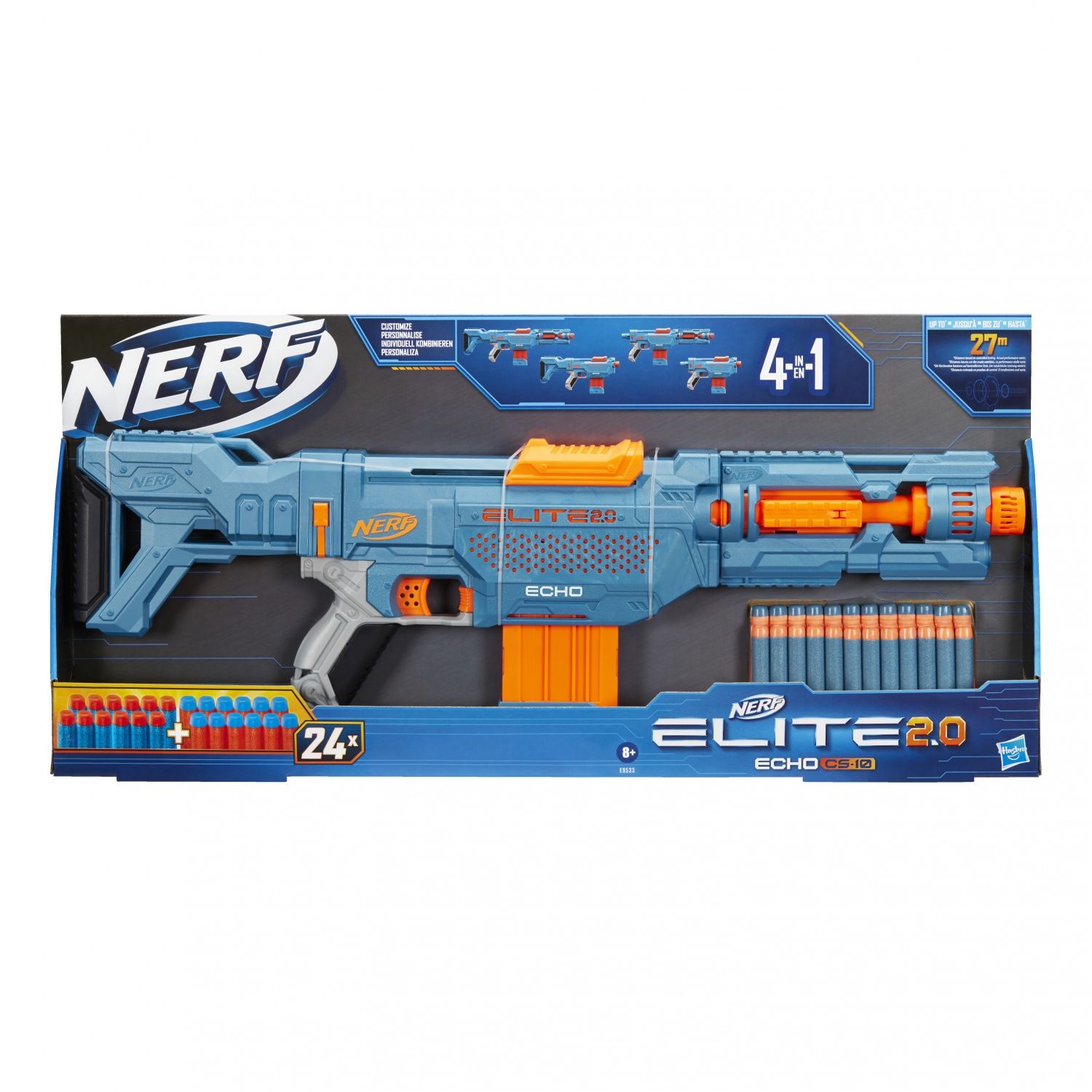 Nerf Elite 2.0 blaster Echo CS 10 24 fléchettes Nerf chargeur 10 fléchettes crosse amovible et rallonge de canon 4 rails tactiques