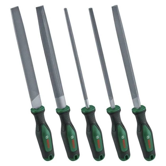 Bosch Set de 5 limes (limes ronde/demi-ronde/plate/triangulaire/carrée ; acier au carbure dur ; course moyenne 2 ; Softgrip)