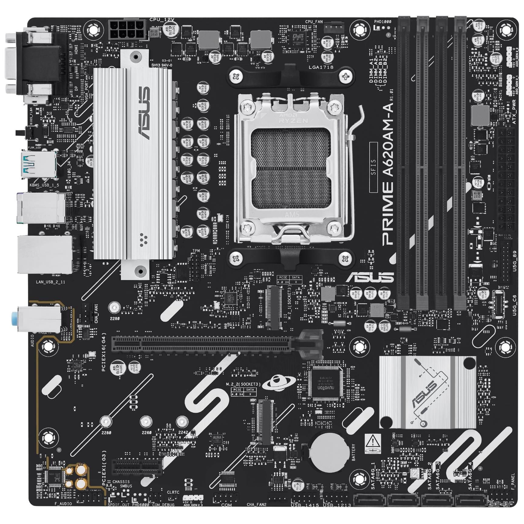 ASUS PRIME A620AM A CSM Carte mère micro ATX Socket AM5 AMD A620A Chipset USB C 3.2 Gen 1 USB 3.2 Gen 1 USB 3.2 Gen 2 Gigabit LAN carte graphique embarquée unité centrale...