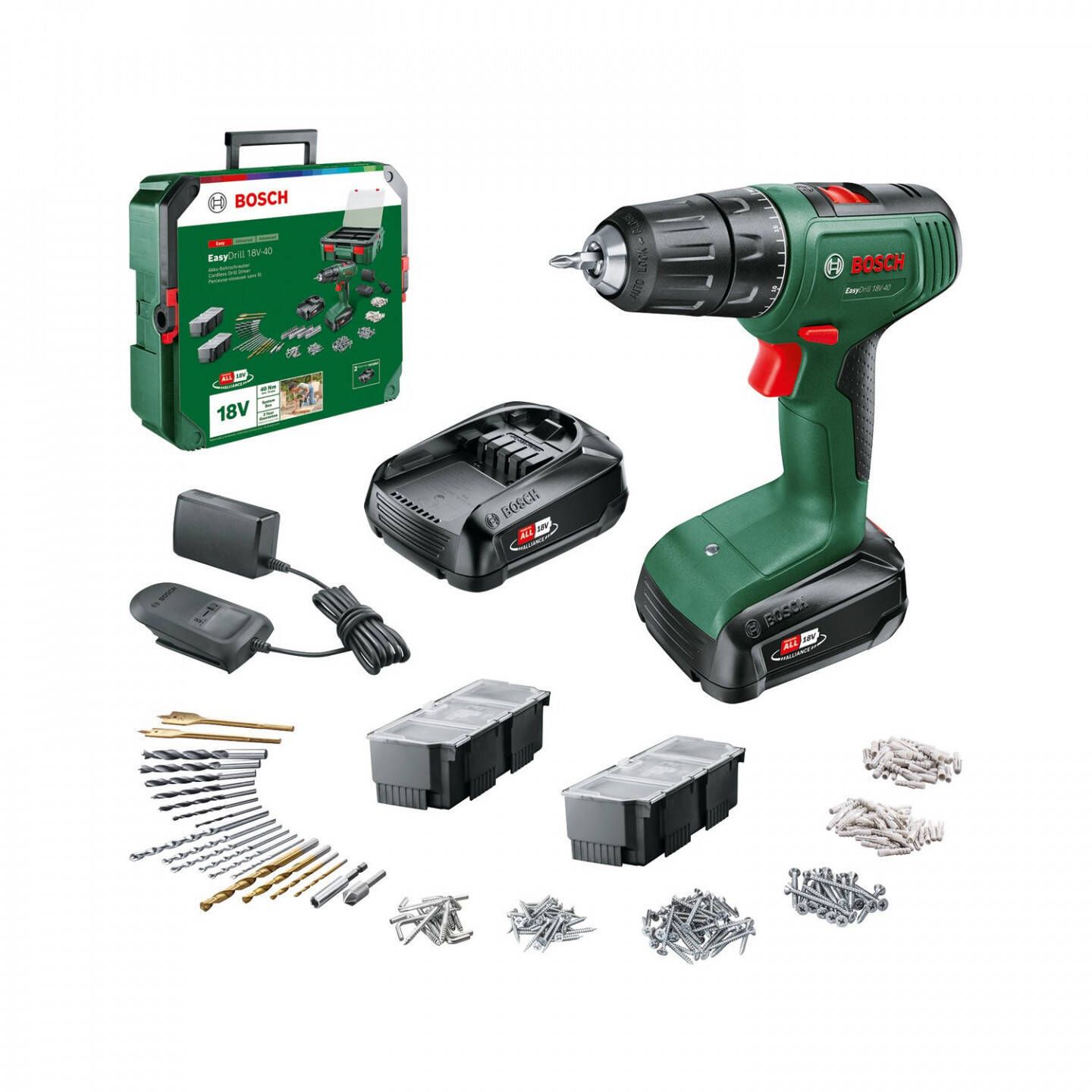 Perceuse visseuse Bosch EasyDrill 18V 40 + 2 batteries 18V 1 5Ah + Systembox avec 241 Accessoires + chargeur AL1810CV 06039D8007 - vue 2