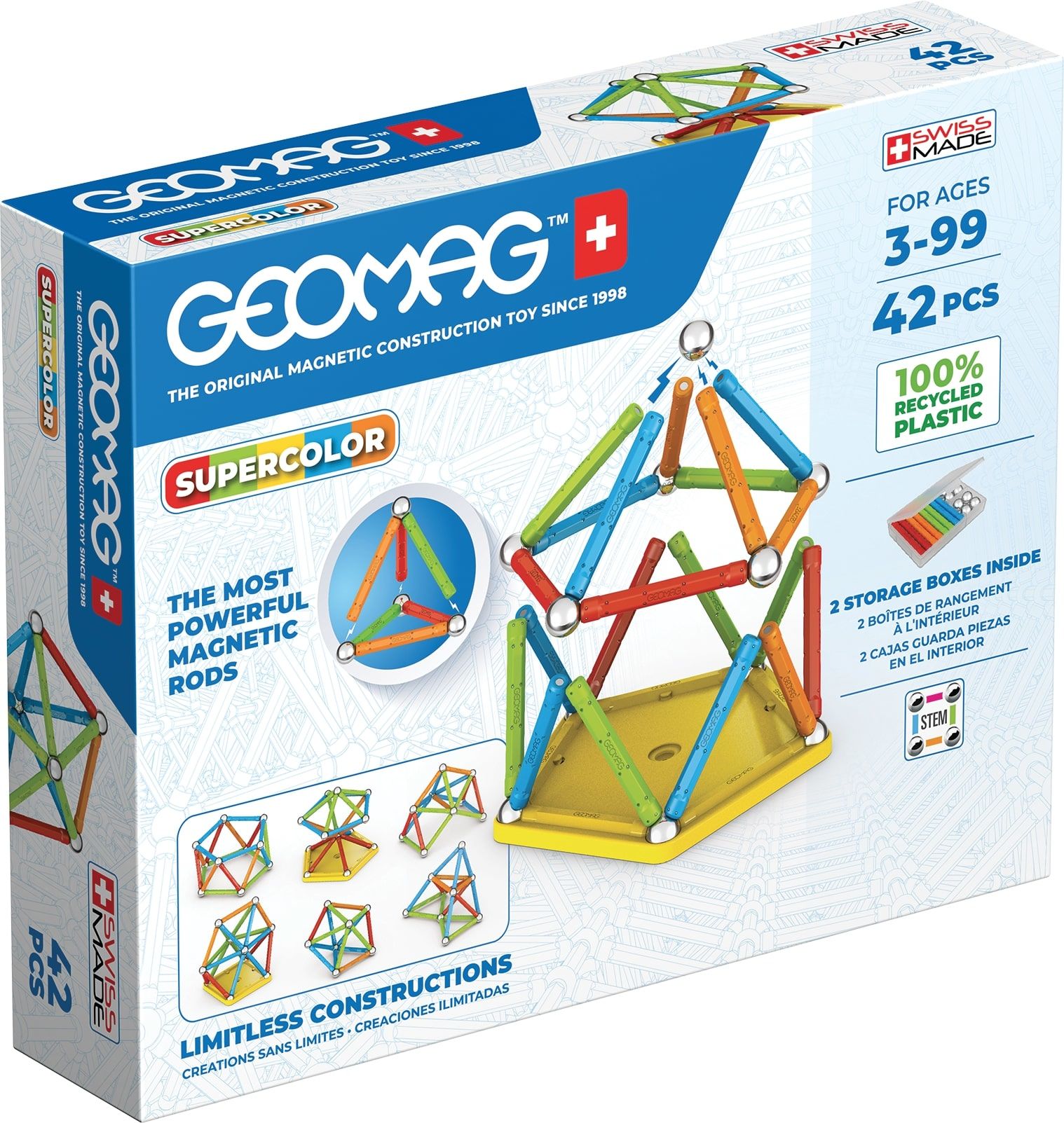 Geomag Supercolor Recycled Constructions Magnétiques Barrettes et Panneaux Colorés Pack de 42 Pièces 100% Plastique Recyclé - vue 9