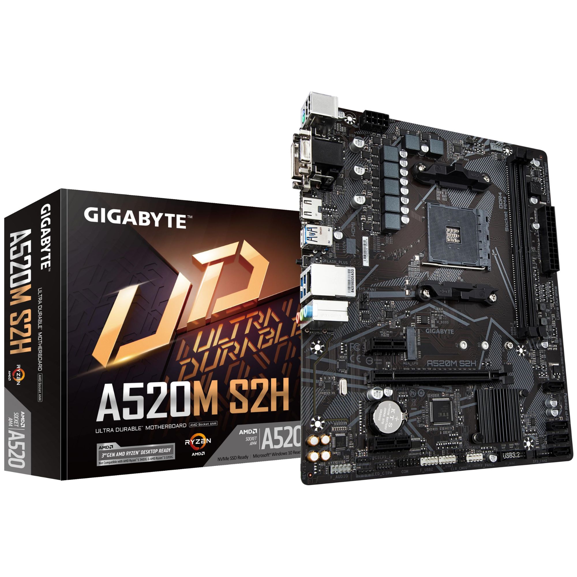 GIGABYTE Carte mère A520M S2H Prend en charge les processeurs AMD Ryzen série 5000 AM4 VRM numérique pur 4+3 phases jusqu'à 5100 MHz DDR4 OC PCIe 3.0 x4 .2 LAN GbE USB 3.2 Gen 1 Neuf
