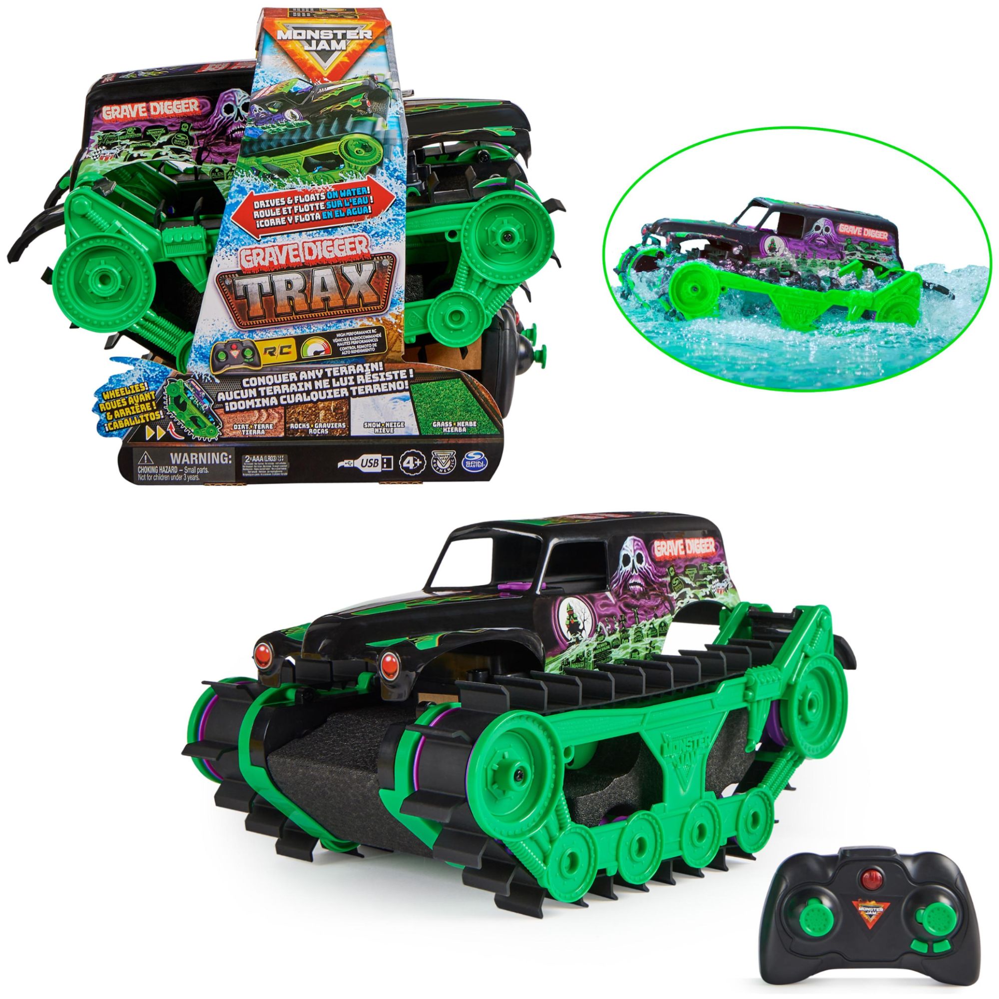 Monster Jam Véhicule D'extérieur Tout Terrain Radiocommandé Grave Digger Trax Officiel Échelle 1:15 Jouets Pour Garçons Et Filles À Partir De