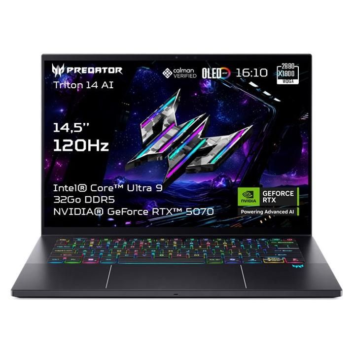 PC portable Gaming Acer Predator Triton 14 AI PT14 52T 98ZQ 14.5 Ecran tactile 120Hz Intel® Core™ Ultra 9 RAM SSD Nvidia GeForce RTX 5070
