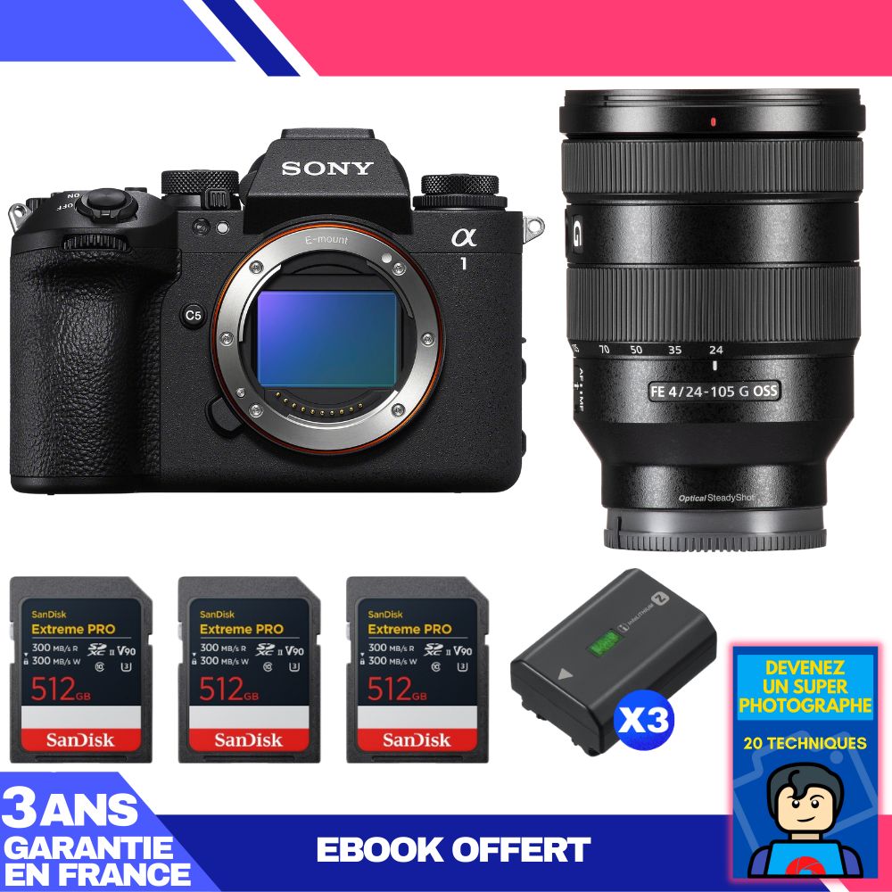 Boitier Sony alpha 1 II + FE 24 105mm f4 G OSS + 3 SanDisk Extreme PRO UHS II SDXC + 3 Sony NP FZ100 + Ebook 'Devenez Un Super Photographe - vue 3